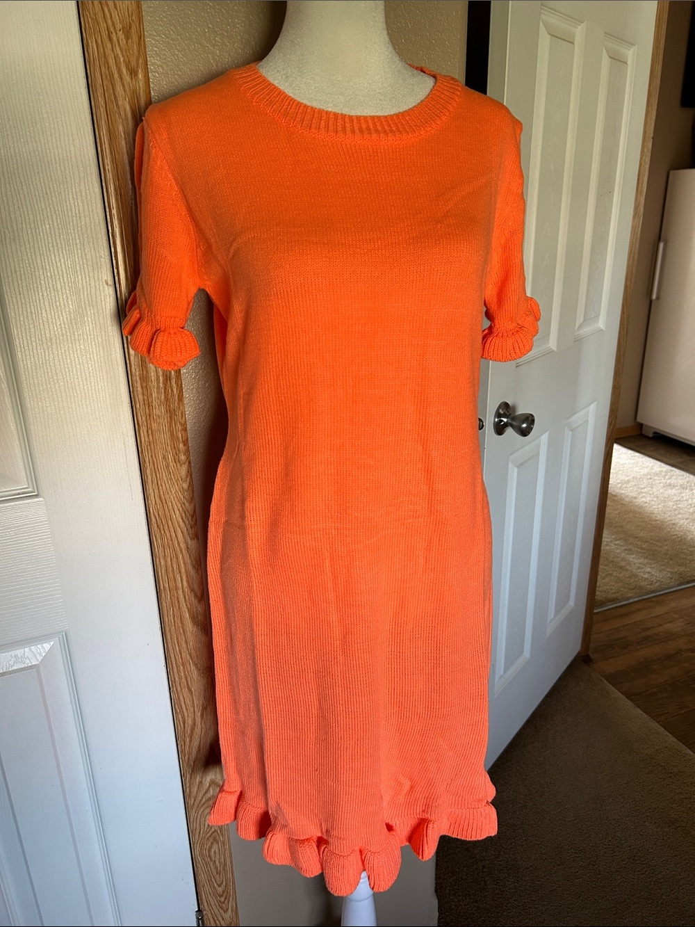 Orange Acrylic Sweater Dress with Ruffles